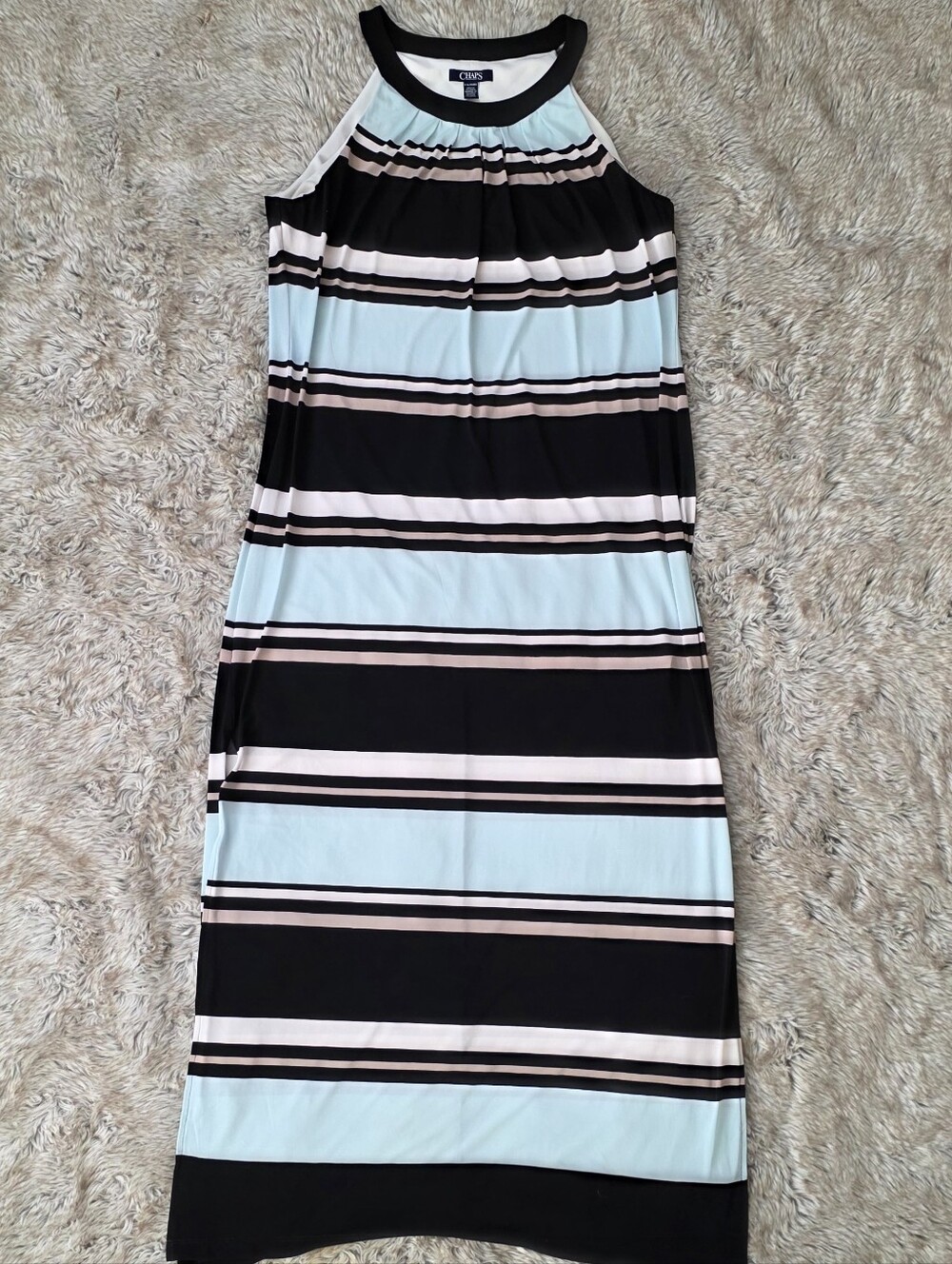 Chaps Striped Halter Midi Dress in Black, Light Blue & Cream Women's Petite XL